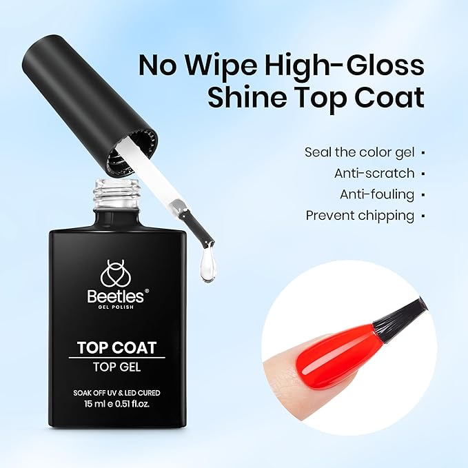 Beetles Gel Top Coat, 2Pcs 15ml Top Coat Gel Nail Polish No Wipe Clear High Gloss Shiny Long-Lasting Soak Off Nail Lamp, Home DIY Manicure and Nail Salon Gifts for Women
