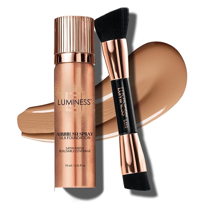 LUMINESS Face Time All In One Makeup Kit - Includes Face Palette, Airbrush Foundation, and Makeup Brush - Long-Wearing, Silky, Soft, Easy to Blend, 3-PC Make Up Set (07 - Warm)
