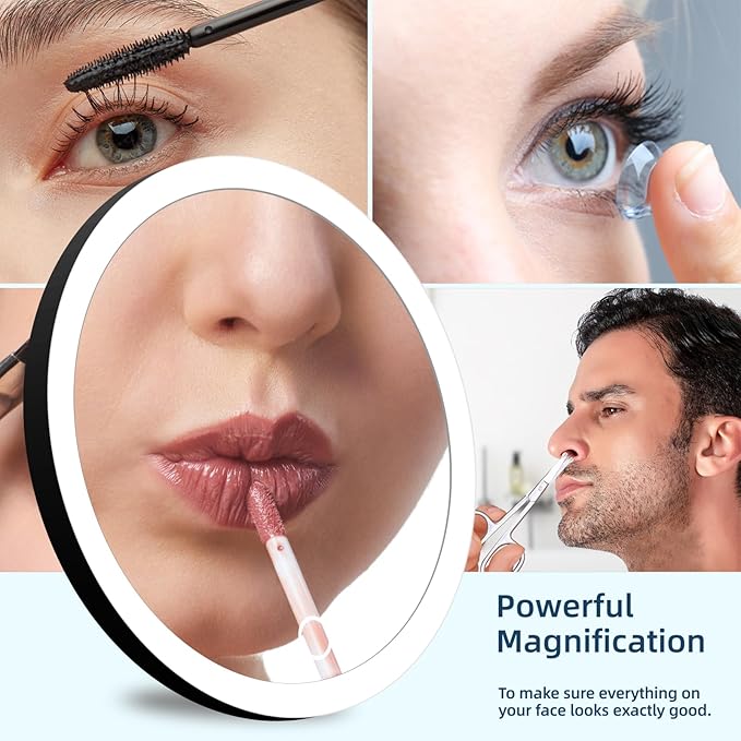 10x Magnifying Mirror with Light, 3 Color Modes Dimming 6'' Lighted 10x Magnified Mirror with 3 Suction Cups, Travel Magnifying Mirror 10x, High Magnification Makeup Mirror with Tweezers & Scissors