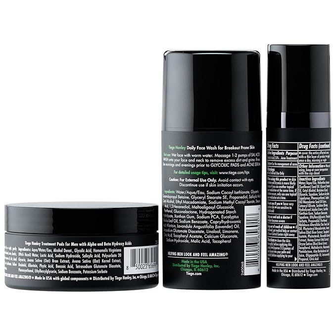Tiege Hanley Acne Treatment Skin Care Set for Men, System Level 1, Tiegeclear Advanced Routine With Salicylic Acid Wash, Glycolic Acid Pads, and Serum, All Skin Types, Men’s Skin Care, 3 Piece Kit
