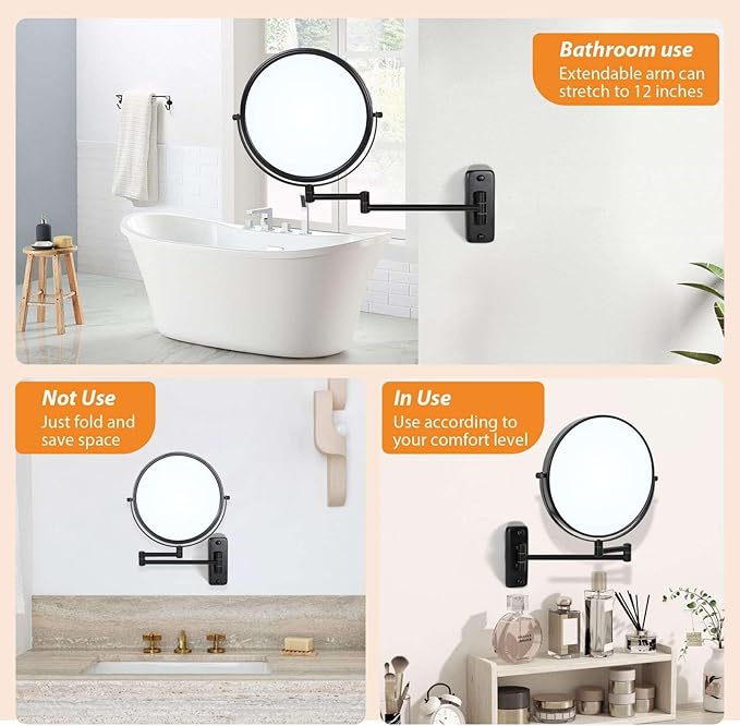 Large Size 9-in Wall Mounted Magnifying Makeup Mirror 1X/10X Magnification,Extendable Bathroom Mirrors Wall Mount Vanity Mirror for Shaving,12-in Folding Arm,Flexible Adjustable,Space-Saving,No Light