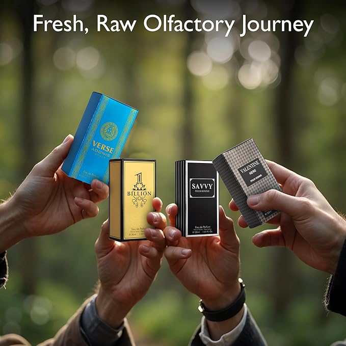 Signature Scent 4-Piece Mini Fragrance Set for Men Includes Savvy/1 Billion/Verse/Valentine Collection of Woody, Spicy, Citrus & Aromatic Fragrance Non-Irritating Ingredient Each One in 30ml Bottle