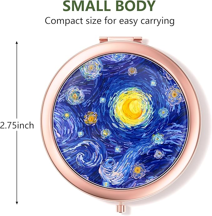 Nipichsha Compact Mirror, Pocket Travel Makeup Mirror, 2 - Sided 2X / 1X Magnification, Small Folding Portable Handheld, 2.75 in Rose Gold, Starry Night