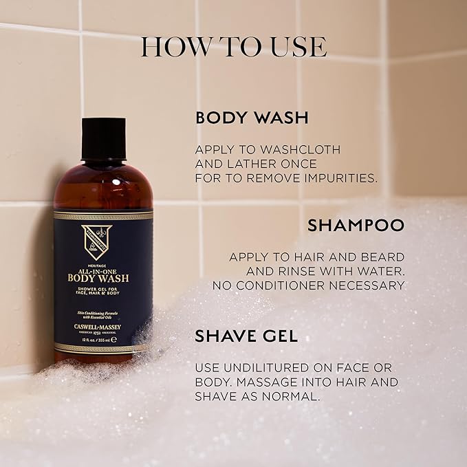 Caswell-Massey All-in-1 Body Wash, Use as a Face Wash, Beard Wash, Shampoo, Body Wash & Shave Gel, Signature Heritage Soap for Men, Made in USA, 32 Fl Oz