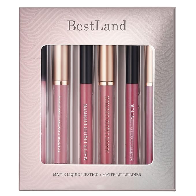 BestLand 6Pcs Matte Liquid Lipstick and Lip Liner Set, Non-Stick Cup Not Fade Waterproof 24 Hour Lip Gloss Nude Brown Lip Liner Pencil for Women, labiales mate 24 horas originales (Set E)