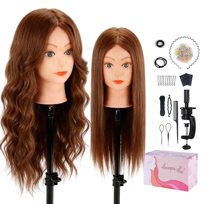 Beauty Star Mannequin Head with 100% Real Human Hair -18inch Doll Styling Head for Braiding Practice & Cosmetology Training, Updos, Manikin Head Includes Clamp Stand（Dark Brown Hair and Blue Eyes)