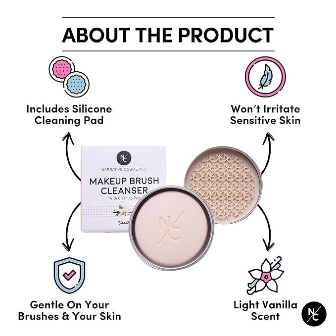 Narrative Cosmetics Solid Makeup Brush Cleanser Soap with Silicone Cleaning Pad, Cleans Natural & Synthetic Brushes, Vegan, Cruelty-Free, Natural Ingredients, Vanilla Fragrance, 2.45 Oz.
