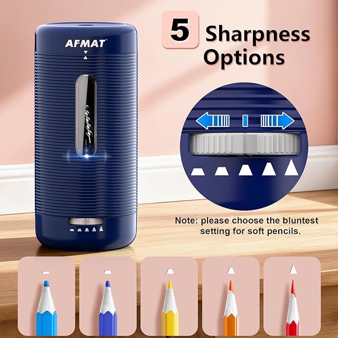 AFMAT Electric Pencil Sharpener, Fully Automatic Pencil Sharpener, Auto in & Out, Rechargeable Hands-Free Sharpeners for Jumbo & Colored Pencils (6.5-12mm), Portable for Home/Classroom/Office PSC2