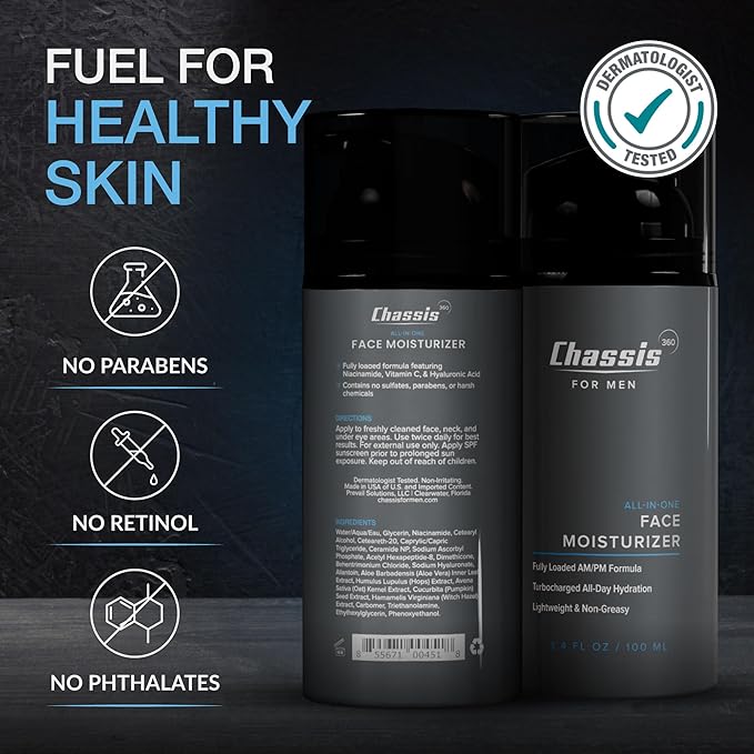 Chassis 360 All-In-One Face Moisturizer - Hydrating Face Moisturizer for Men with Vitamin, Niacinamide C & Hyaluronic Acid - Free From Phthalates, Parabens & Retinol - Facial Lotion- 3.4 Fl Oz