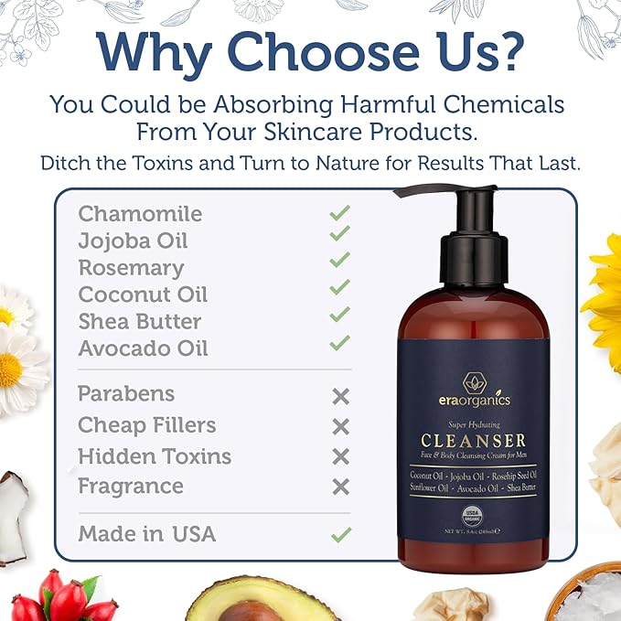 Era Organics USDA Organic Men's Face Wash - Nourishing, Hydrating Facial, Body Cleanser for Smoother Skin