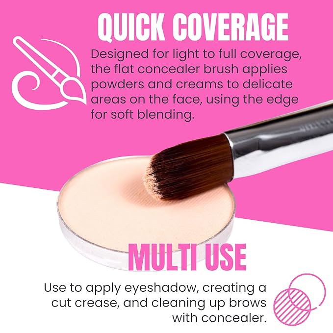 Beauty Junkees Flat Concealer Brush Under Eye - Small Concealer Brush for Foundation, Eyebrows, Nose Contour Brush, Color Corrector Brush, Works with Cream, Powder Cosmetics, Synthetic