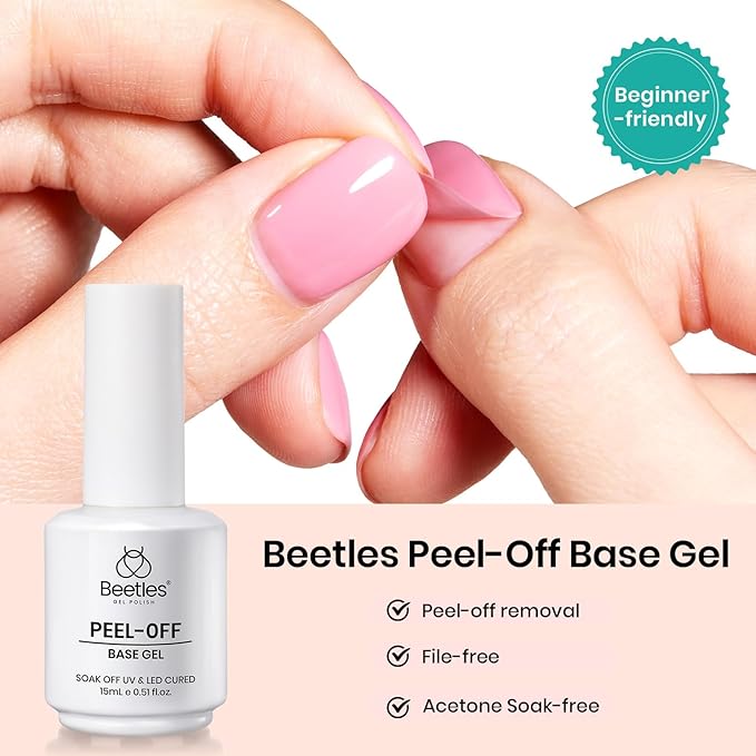 Beetles Peel‑Off Gel Base Coat 15 ml – Easy Removal Base Gel Nail Polish UV/LED Soak‑Off, Damage‑Free Low‑Odor 7‑10 Day Long‑Lasting, Beginner & Salon Friendly