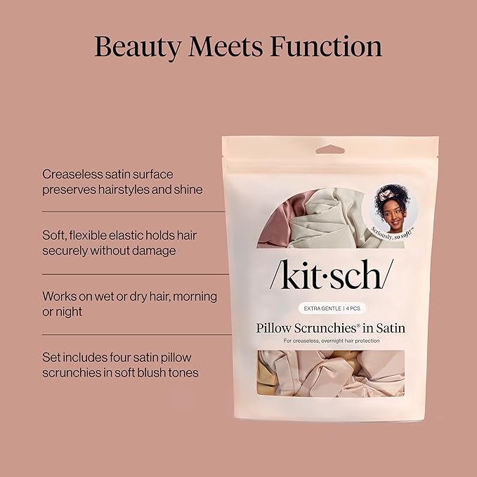 Kitsch Pillow Satin Scrunchies for Women - Hair Ties No Damage, No Crease Hair Accessories | Perfect for Day or Night | Ideal Gifts for Women - Blush, 4pcs