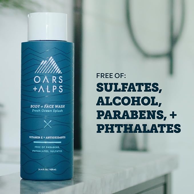 Oars + Alps Body Wash for Men, Mens Body Wash with Vitamin E and Antioxidants, Moisturizing, Hydrating, Paraben & Sulfate Free Cleanser, Fresh Ocean Splash, 2pk