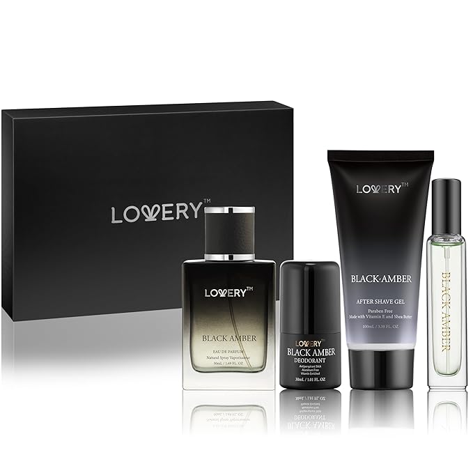 LOVERY Dads Gifts - Black Amber Mens Perfume 4 in 1 Deodorant & Cologne Gift Set - 4pc Mens Cologne Set - Parfum, Antiperspirant Deodorant Stick, Aftershave Gel, Masculine Birthday Perfumes for Men