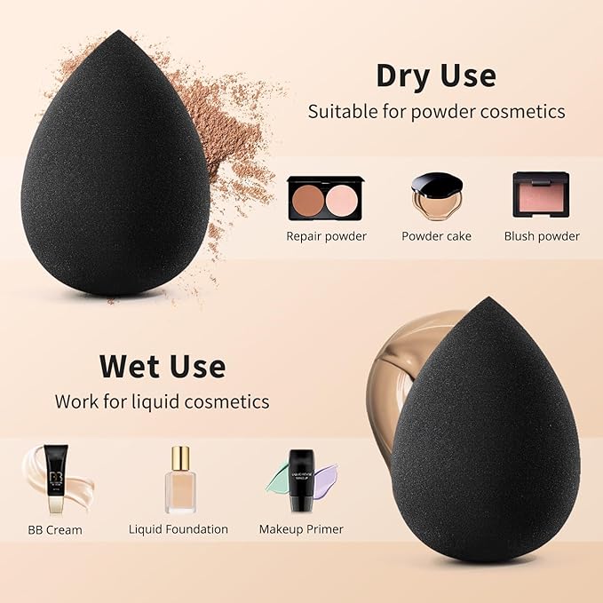BEAKEY Makeup Sponge Set, 5 Pcs Foundation Blending Sponge, Beauty Sponges Flawless for Liquid, Cream, and Powder, Latex-Free and Vegan Boun Boun Makeup Sponges, Black