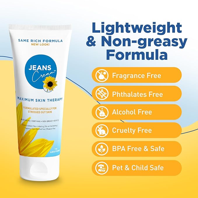 Jeans Cream, Maximum Skin Therapy Radiation Burn Cream, Moisturizing Vitamin E and Aloe Vera Cream for Compromised Skin, Minor Cuts, Sunburn and More, Non-Greasy Formula, 7 oz