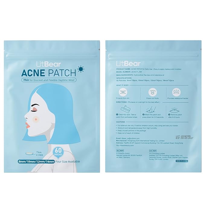 LitBear Acne Pimple Patches- Day and Night 4 Sizes 180 Dots Thin & Thick Hydrocolloid Patches with Witch Hazel, Tea Tree & Calendula Oil, Pimple Stickers for Covering Zits, Blemishes, Spots, Acne Dots