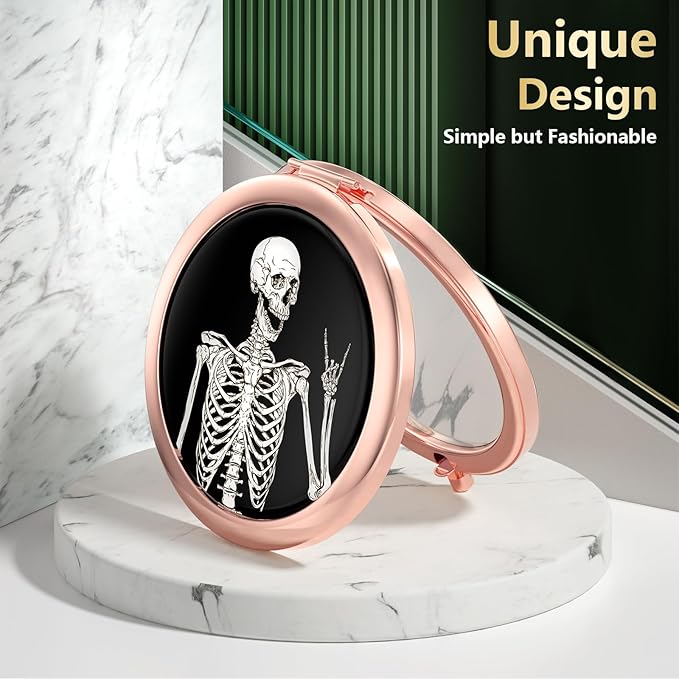 Nipichsha Compact Mirror, Pocket Travel Makeup Mirror, 2 - Sided 2X / 1X Magnification, Small Folding Portable Handheld, 2.75 in Rose Gold, Skeleton