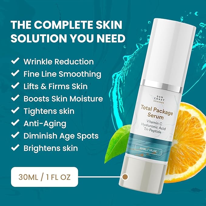 Sun Coast Sciences - Total Package Serum, All-In-One Vitamin C, Hyaluronic Acid, Anti-Aging Facial Super Serum for Wrinkles, Age Spots - 1 fl oz (Pack of 6)