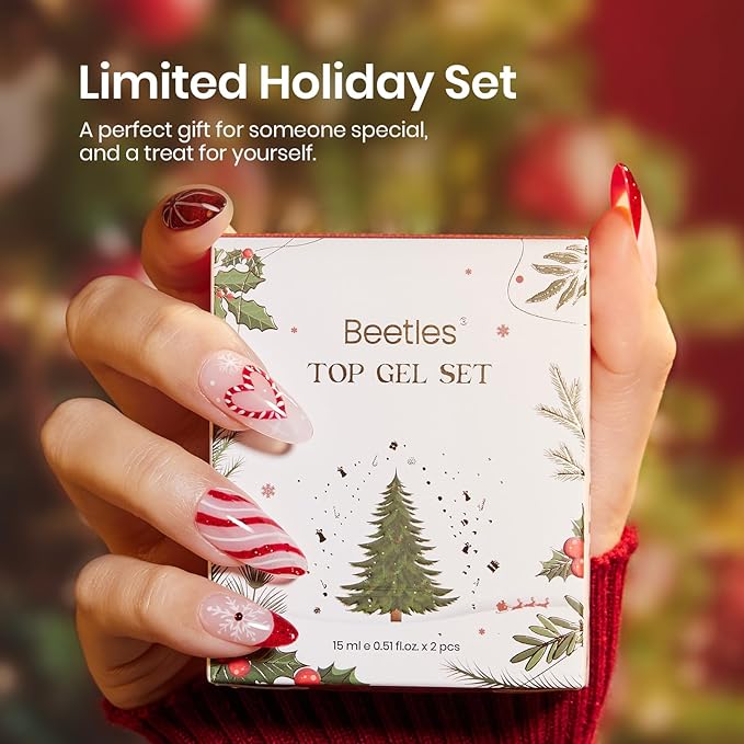 Beetles Gel Top Coat Set Christmas Limited, 2Pcs 15ml Top Coat Gel Nail Polish No Wipe Long Lasting Shining Glossy Manicure Soak off U V Lamp Needed Winter Nail Art Design Gifts for Women