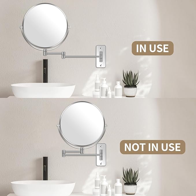 9” Large Wall Mounted Makeup Mirror 1X/7X Double-Side Bathroom Magnifying Mirror 360 Swivel Vanity Mirror Extendable Shaving Wall Mount Cosmetic Mirror for Men and Women, Chrome
