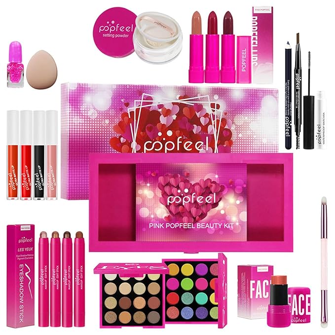 All in One Makeup Kit for Women Full Kit, Christmas Day Gifts Set for Women Girls, Hot Pink Makeup Essential Bundle Include Eyeshadow Palette Lipstick Blush Foundation Concealer Mascara Eyebrow Pencil