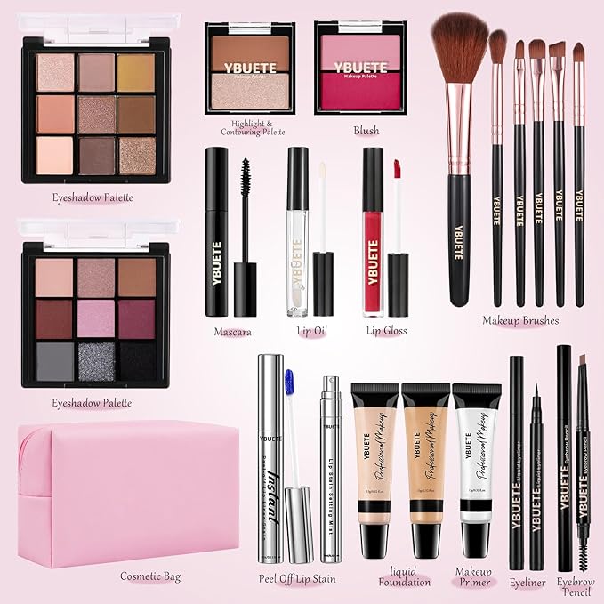 Makeup Full Kit for Beginners Girls Women, Travel Makeup Set Present for Her,Cosmetic Set Include Eyeshadow Blush Lip Gloss Peel Off Lip Stain Eyeliner Mascara Eyebrow Pencil Cosmetic Bag