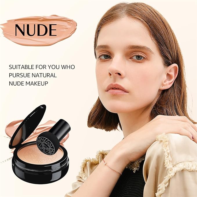 Air Cushion BB Cream Foundation - Mushroom Head CC Cream Concealer Makeup Base Water & Sweat-Proof, Create Flawless and Natural Look for All Skin Types (Nude)