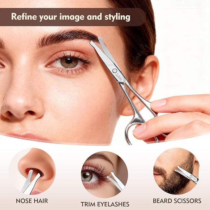 Eyebrow Scissors, 3.75 Inch Round Tip Safety Scissors for Nose Hair, Mustache & Bikini Trimming, Professional Stainless Steel Small Grooming Scissors with Travel Case