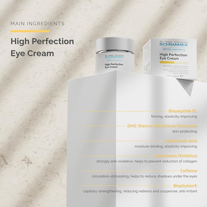 Schrammek High Perfection Eye Cream (0.5 fl oz) - Eye Care Product - Reduces Lines & Shadows Under the Eyes - Caffeine Eye Cream - Skin Care - Dr