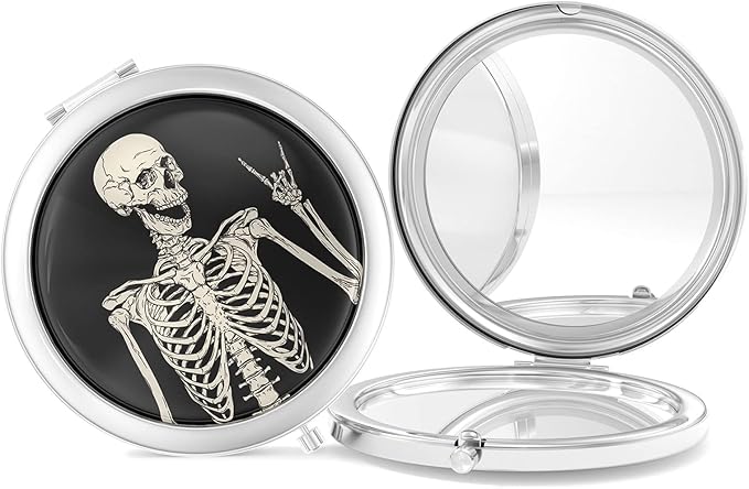 Nipichsha Compact Mirror, Pocket Travel Makeup Mirror, 2 - Sided 2X / 1X Magnification, Small Folding Portable Handheld, 2.75 in Silver, Skull