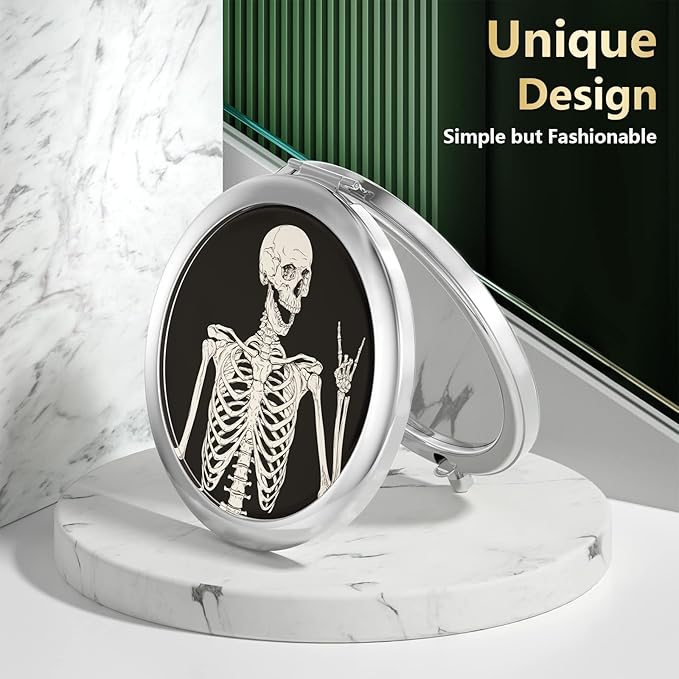 Nipichsha Compact Mirror, Pocket Travel Makeup Mirror, 2 - Sided 2X / 1X Magnification, Small Folding Portable Handheld, 2.75 in Silver, Skull
