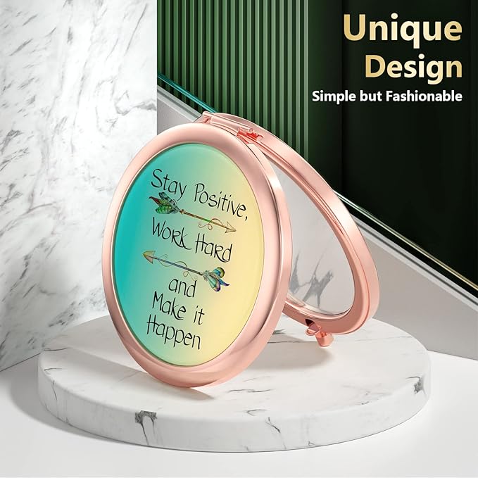 Nipichsha Compact Mirror, Pocket Travel Makeup Mirror, 2 - Sided 2X / 1X Magnification, Small Folding Portable Handheld, 2.75 in Rose Gold, Inspirational Quotes