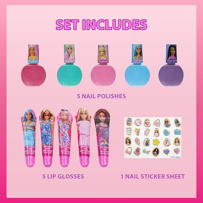 Barbie Cosmetic Makeup Set for Girls with Super Sparkly Lip Gloss Nail Polish and Nail Stickers 11 Pieces, Perfect for Parties Sleepovers Makeovers, Birthday Holiday Gift, Ages by Townley Girl