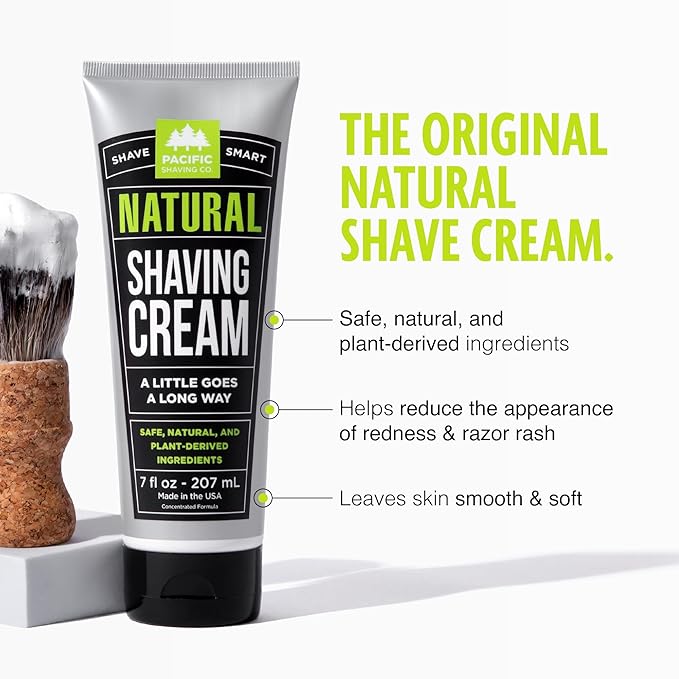 Pacific Shaving Company Natural Shaving Cream - Shea Butter + Vitamin E Shave Cream for Hydrated Sensitive Skin - Clean Formula for a Smooth, Anti-Redness + Irritation-Free Shave Cream (3.4 Oz)