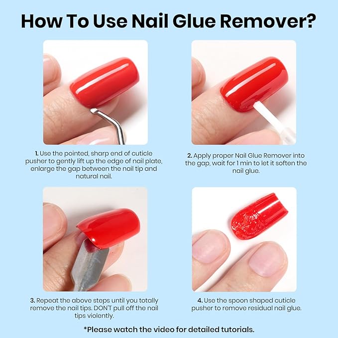 Beetles Nail Glue Remover with Cuticle Pusher, 20ml Press on Nails Glue Remover for False Nail Tips Acrylic Adhesive, Not for U v Gel Diy at Home