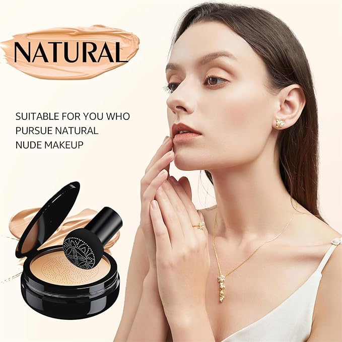Air Cushion BB Cream Foundation - Mushroom Head CC Cream Concealer Makeup Base Water & Sweat-Proof, Create Flawless and Natural Look for All Skin Types (Natural)