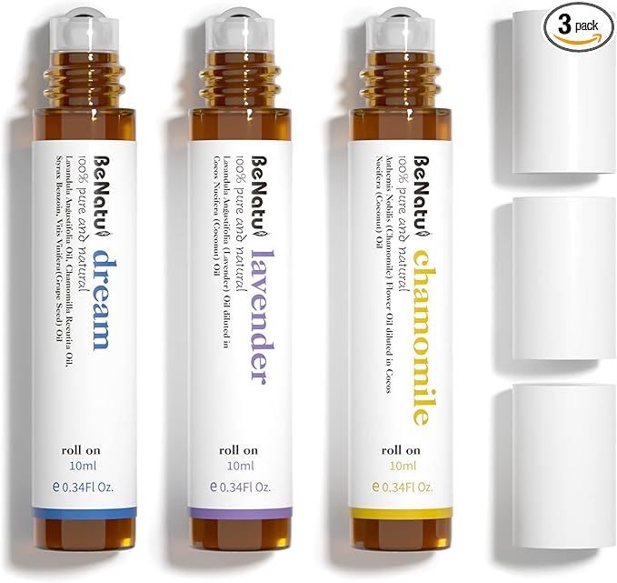 Benatu Essential Oil Roll On Set (Dream, Lavender, Chamomile), Aromatherapy Roller for Massage, Body Skin Care, Home - Natural Fragrance Gift for Women and Men