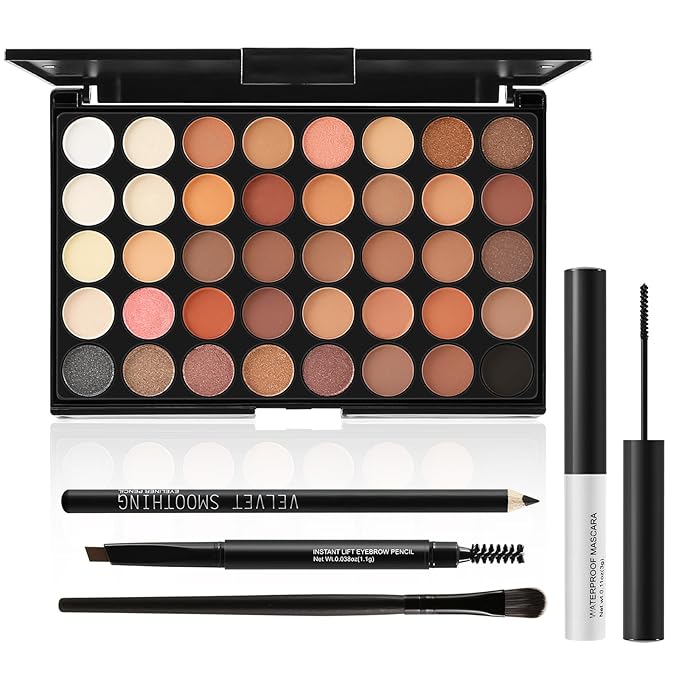 All In On Makeup Eye Set Cosmetics Kit for Teens and Adults, Includes Eyeshadow, Make Up Brushes, Mascara, Eyebrow Pencil, Eyeliner