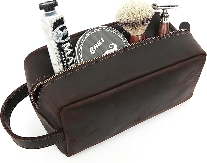 Genuine Leather Toiletry Bag for Men Travel Shaving Dopp Kit-Large Cosmetic Bags Toiletries Bathroom Organizer