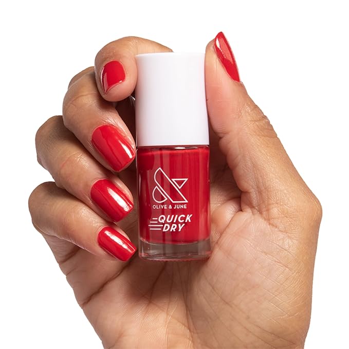 Olive & June Quick Dry Nail Polish | Instant, Fast-Drying, Smudgeproof Color | 15-free, Vegan, Cruelty-Free Formula | Lasts up to 5 Days | Salon-Quality Manicure, Pedicure at Home | Smooch Scarlet Red