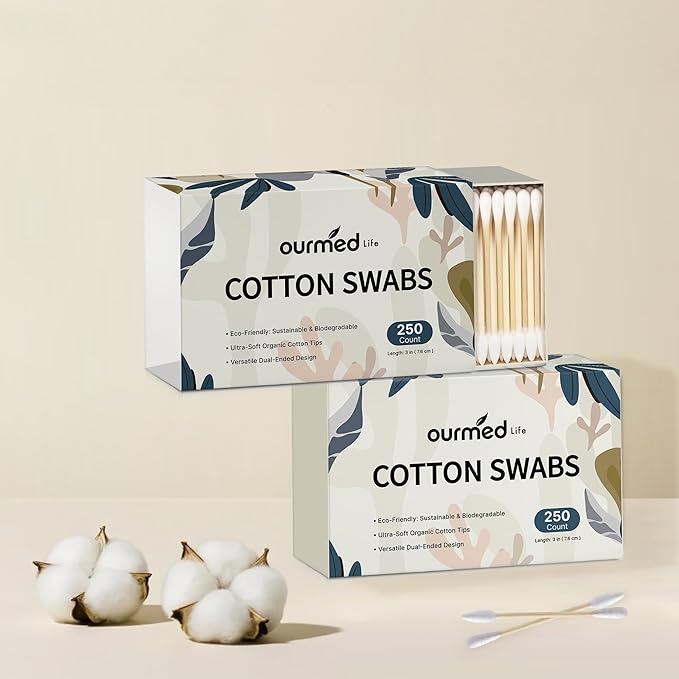 Ourmed Life Cotton Swabs - Biodegradable Bamboo & Cotton, Double-Tipped Cleaning Swabs with Pointed & Round Tips, Hypoallergenic for Ear, Makeup, Eye Makeup Removal, Nail Polish Touch-Ups (500 Ct)