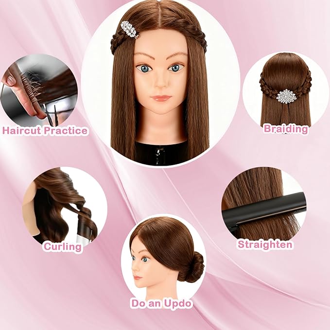 Beauty Star Mannequin Head with 100% Real Human Hair -18inch Doll Styling Head for Braiding Practice & Cosmetology Training, Updos, Manikin Head Includes Clamp Stand（Dark Brown Hair and Blue Eyes)