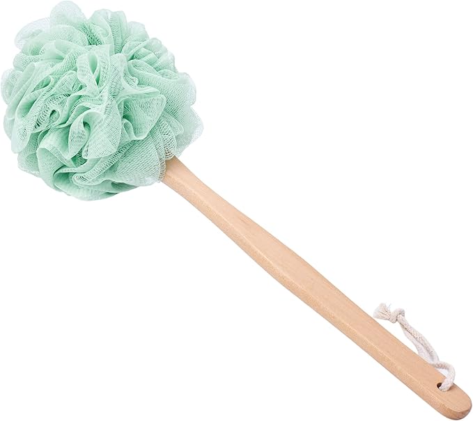 Loofah Sponge Back Scrubber, Wooden Long Handle Bath Sponge Lufa Shower Brush, Soft Nylon Mesh Back Cleaner Washer, Men & Women Exfoliating Luffa Pouf on a Stick for Body (Green)