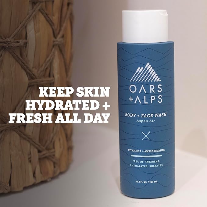 Oars + Alps Body and Face Wash for Men, Mens Body Wash & Face Cleanser with Vitamin E and Antioxidants, Moisturizing, Hydrating, Paraben & Sulfate Free Cleanser, Aspen Air, 1pk