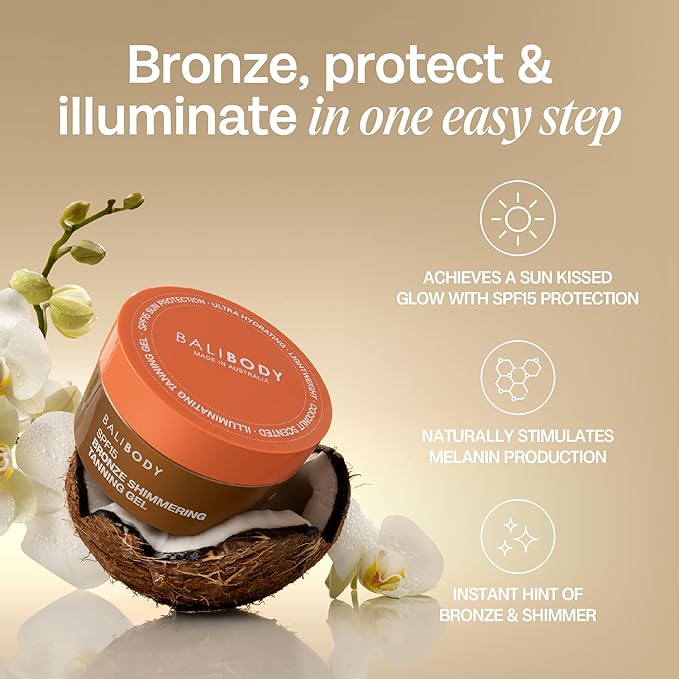 Bali Body Bronze Shimmering Tanning Gel SPF 15 – Sun-Kissed Glow with Coconut Scent, Carrot Root & Vitamin E – Organic Bronzer & Shimmer Sunscreen for Quick Tan, Hydration & Even Skin Tone