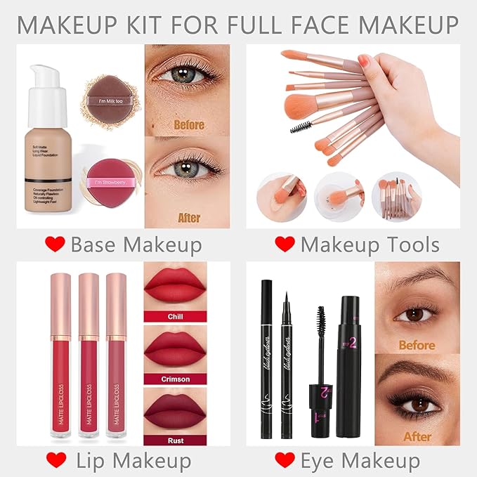 Full Makeup Kit, Makeup Sets for Women Full Kit, All in One Make Up Gift Set for Girls & Women with Eyeshadow,Liquid Lipstick,Foundation,Mascara,Blush,Eyeliner,Contour,Brushes and More