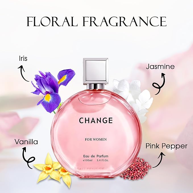 Change Women Eau de Parfum Spray Perfume, Fragrance For Women-Daywear, Casual Daily Cologne Set with Suede Pouch- 3.4 Fl Oz Bottle Beauty Gift for Birthday, Anniversary