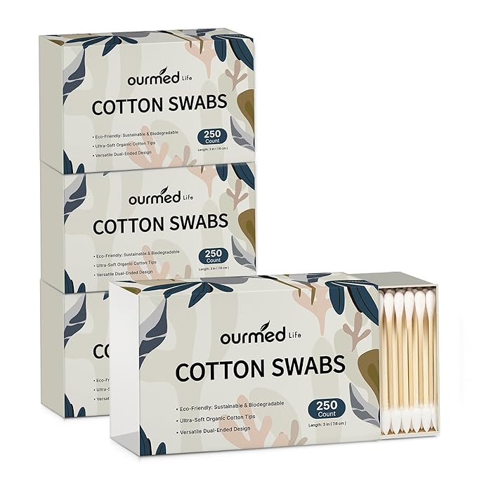 Ourmed Life Cotton Swabs - Biodegradable Bamboo & Cotton, Double-Tipped Cleaning Swabs with Pointed & Round Tips, Hypoallergenic for Ear, Makeup, Eye Makeup Removal, Nail Polish Touch-Ups (1000 Ct)